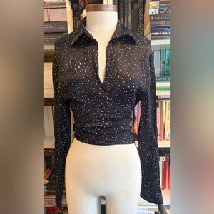 Rebecca Taylor Navy White Polka Dot Wrap Blouse Top Damaged